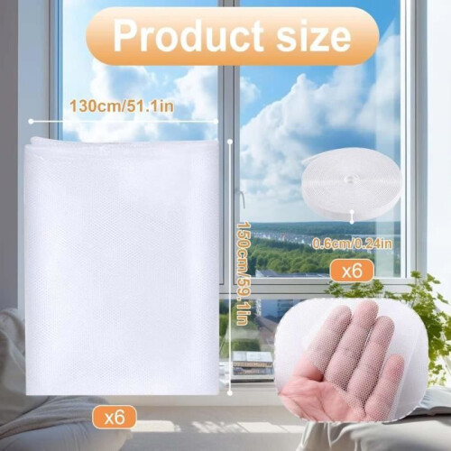 Mosquito screen for windows, 150 x 130 cm, cuttable, with 6 self-adhesive strips 1
