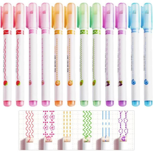 12 curved, patterned, colorful highlighters, content markers, and graffiti pens for journaling and scrapbooking