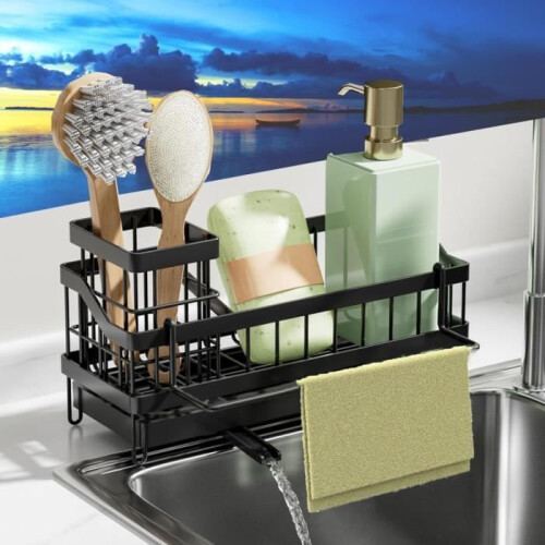 Sink organizer, stainless steel sponge holder with removable brush holder, divider for kitchen organization