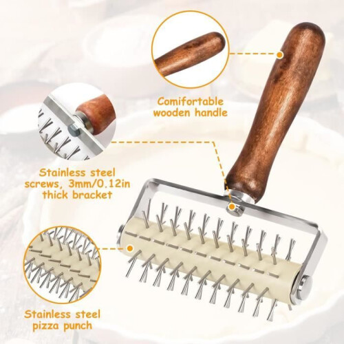 Dough roller, stainless steel needle roller, pizza dough roller with wooden handle, dishwasher safe 2