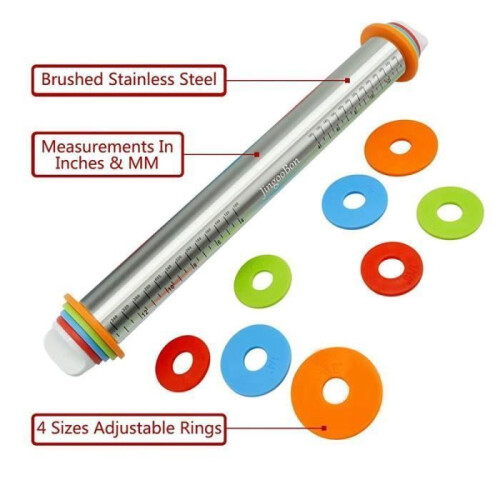 Adjustable stainless steel rolling pin with 4 thickness rings, silver-red 2