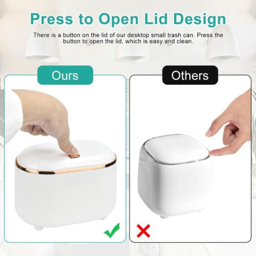 Table waste bin with push button lid, small bathroom waste bin, mini office waste bin, white, VHV 2