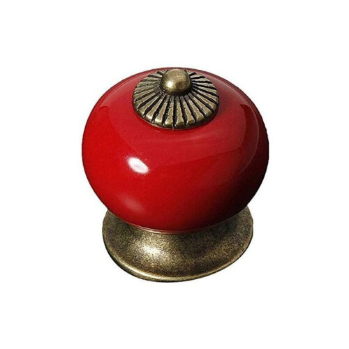 Set of 5 round ceramic knobs for cupboard doors or drawers - porcelain handle - country style - red VHV 2
