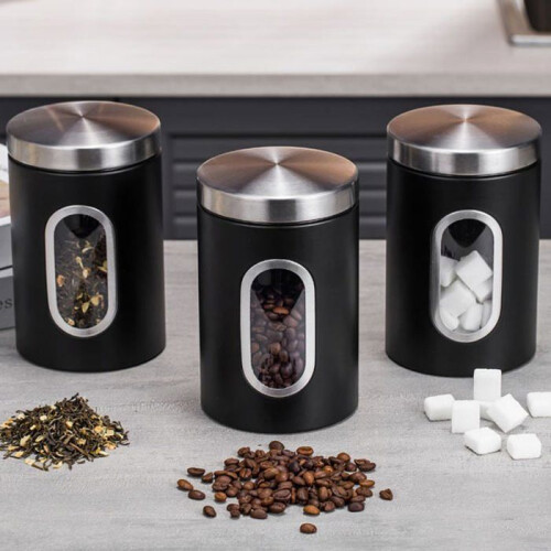 Tin lid with viewing window for storage container for coffee, pasta, flour, metal black VHV 1