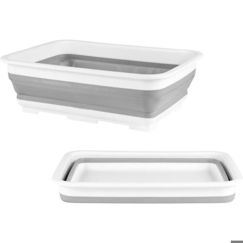 Portable collapsible plastic container for washing vegetables and dishes, rectangular bowl for camping, gray VHV