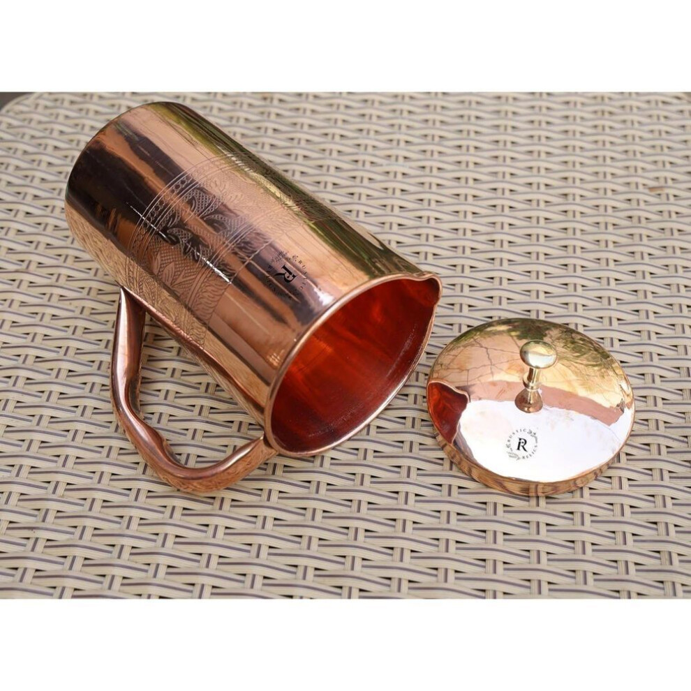 Pure Copper Jug - 1l Hand Made | With Beautiful Embosed Engraving | Copper Pitcher With Ayurvedic Health Benefits | Improved Water Taste