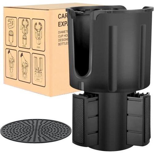 Car cup holder with extendable base for bottles with a diameter of 8.6 to 10.4 cm