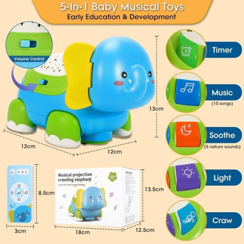 Early Learning Toys – Musical Elephant for Babies 1 Year Old – Crawling, Projector, Music – Blue 1