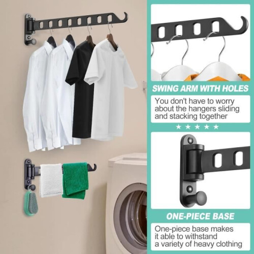 Wall coat rack with swivel arm, 8 sturdy holes, 180 rotatable drying rack, foldable and wall mounted (2-pack, black) 2