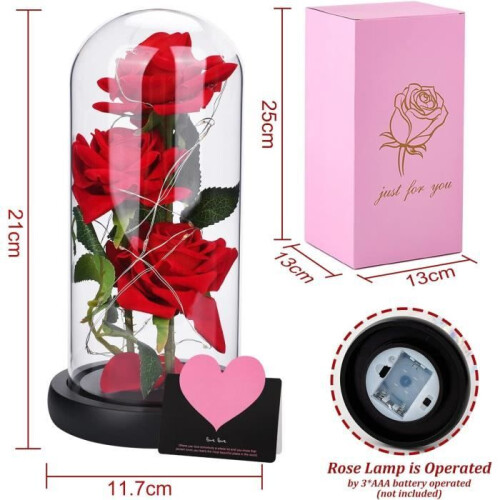 Eternal Rose Under Glass – LECOO – 3 Red Roses – LED Light – Gift Box – Home Decor 2