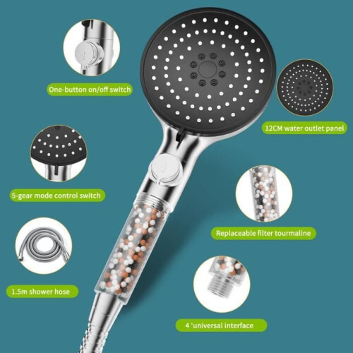 Shower head, 3-layer, ion filtration, high pressure, water-saving, 5 settings, universal with 1.5 m hose 1