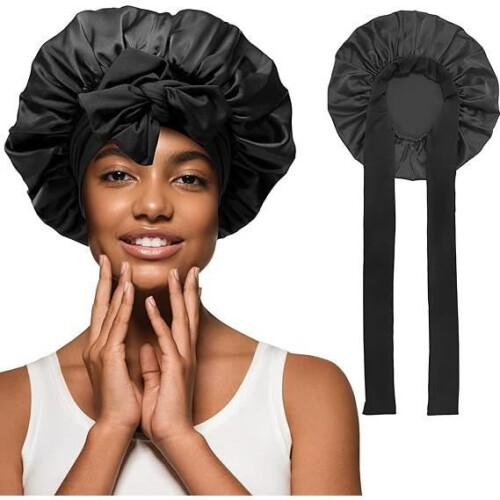 Satin Sleep Cap for Natural Hair – Black – Adjustable Head Size – 2-Pack
