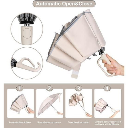 Reverse Folding Umbrella – Innovative – Beige – Carabiner – Windproof – 10 Ribs 1