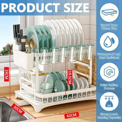 Kitchen dish draining rack with drip tray, 2-tier dish draining rack, self-draining, stainless steel, white 1