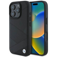 BMW Signature Leather Crossing Lines Pattern Case for iPhone 16 Pro 6.3" Black - BMHCP16L23RCGPK