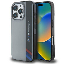BMW Motorsport IML Vertical Stripe Case for iPhone 16 Pro Max 6.9" Grey - BMHCP16X23HTFEG