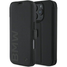 BMW Signature Leather Wordmark Bookcase for iPhone 16 Pro 6.3" Black - BMBKP16L23RMRLK