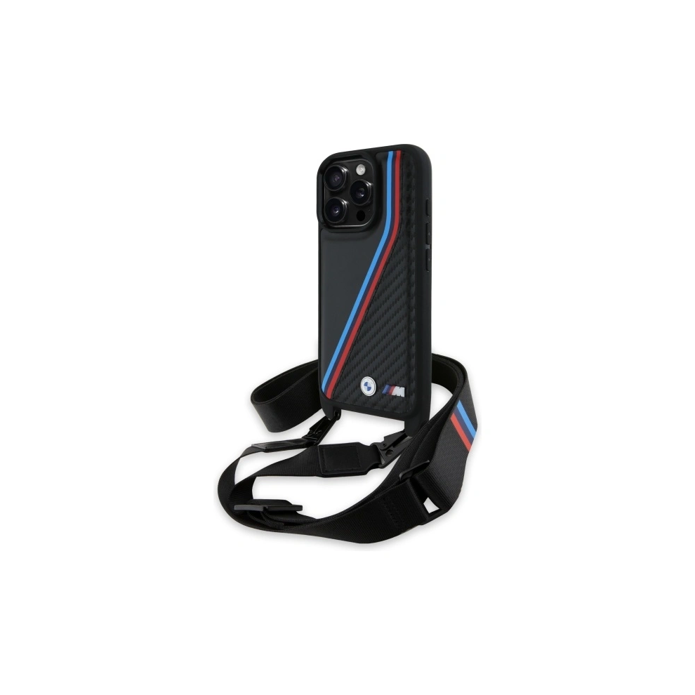 BMW M Series Carbon Tricolor Lines & Strap Case for iPhone 16 Pro Max 6.9" Black - BMHCP16X23PSVTK