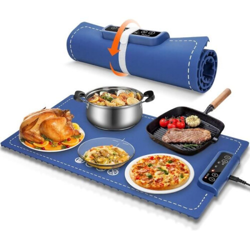 Foldable electric food warmer with 3 temperature settings - fast and even heating - silicone - blue