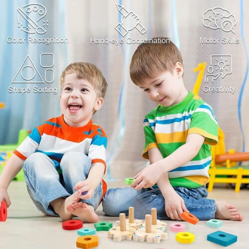 Wooden educational game for 1-year-olds, shape sorting and stacking puzzle - LECOO 1