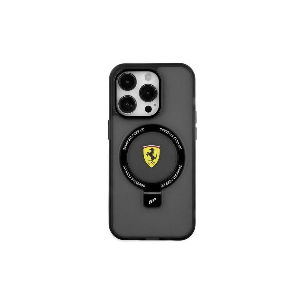 Coque rigide Ferrari pour iPhone 15 6,1" avec MagSafe et support anneau, noire - FEHMP15SUSCAK