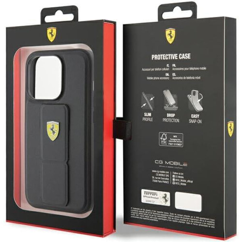 Ferrari iPhone 15 Pro cover Ferrari Grip Stand metallogo sort 1