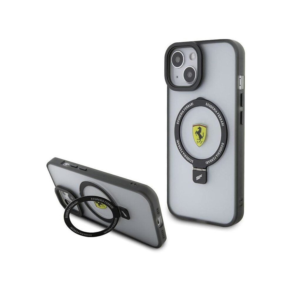 Coque rigide Ferrari pour iPhone 15 6,1" avec MagSafe et anneau de support, transparente - FEHMP15SUSCAH