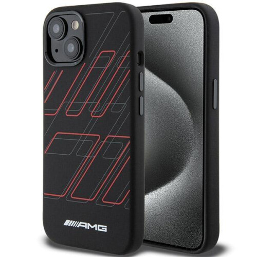 Mercedes-Benz Etui til iPhone 15 sort hårdt silikonecover store rhomber MagSafe
