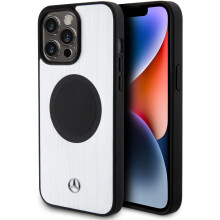 Mercedes Hard Case Leather &amp; Aluminum with MagSafe for iphone 15 Pro 6.1" Silver- MEHMP15L23ACMS