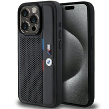 Coque rigide BMW perforée noire pour iPhone 15 Pro