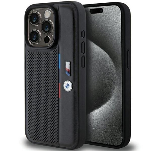 BMW Custodia rigida BMW per iPhone 15 Pro, nera traforata.