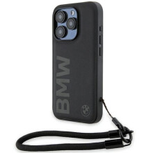BMW Signature Leather Wordmark Cord Hard Case for iPhone 15 Pro Black