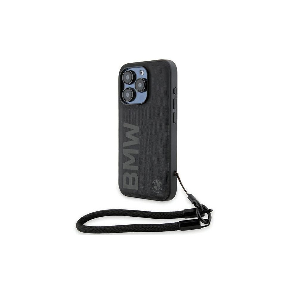 Bmw Signature Leather Wordmark Cord Hard Case For Iphone 15 Pro Black