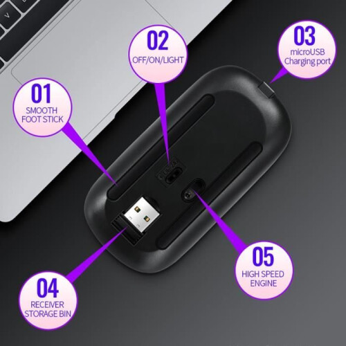 Wireless mouse – LECOO – Bluetooth and 2.4 GHz – Silent – Ergonomic – 3DPI – 7 LED colors – Rechargeable – Black 2