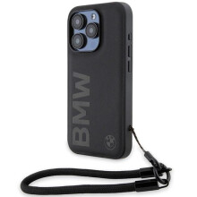 BMW Signature Leather Wordmark Cord Hard Case for iPhone15ProMax Black