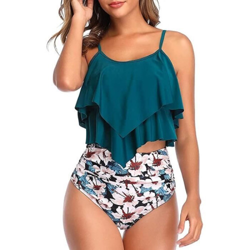 Women's two-piece bikini – ruffle top and high-waisted bottoms – green