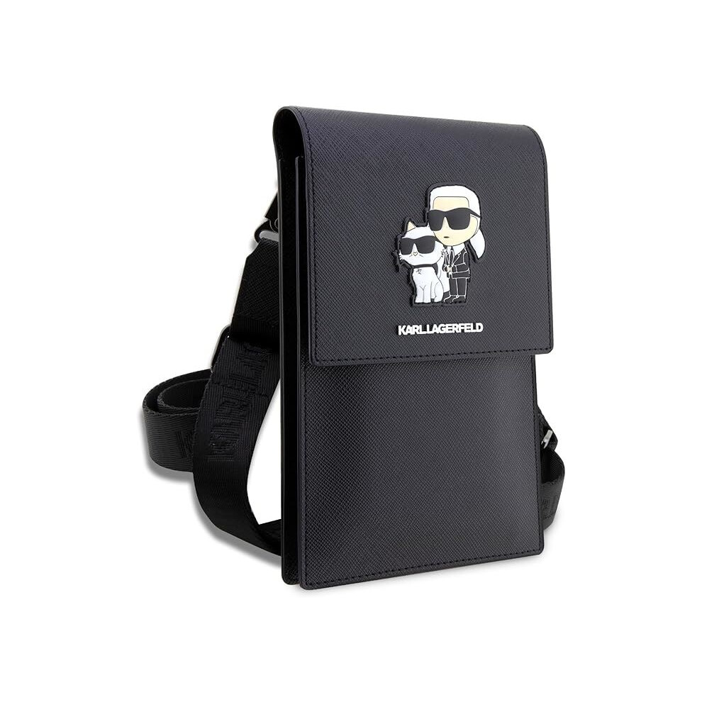 Karl Lagerfeld Saffiano Karl & Choupette Universal Phone Pouch With Strap - Klwbsakcpmk Black 3666339123345