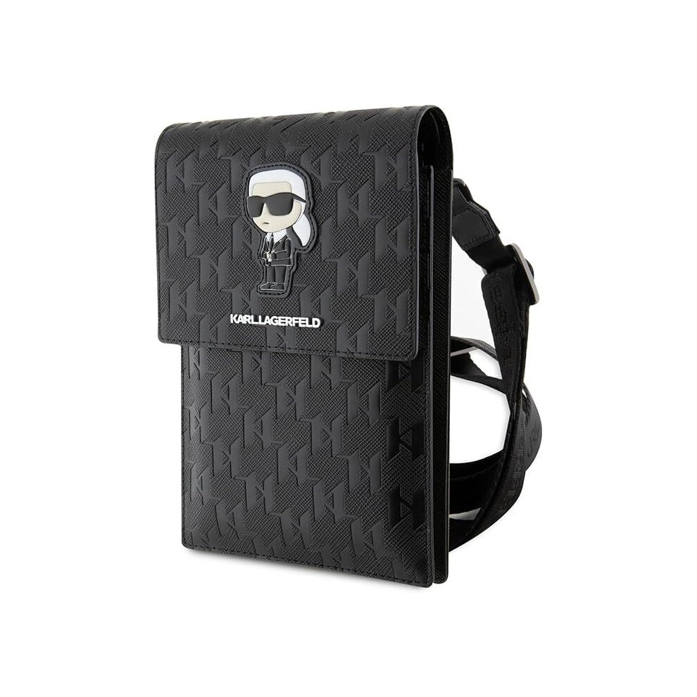 Karl Lagerfeld Saffiano Ikonik Monogram Universal Phone Pouch With Strap - Black (Klwbsakhpkk)
