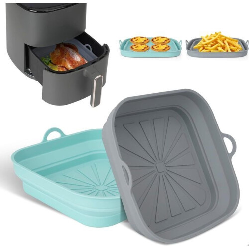 Airfryer accessories, 2-pack silicone airfryer liners, reusable pan, collapsible square dish, gray-green