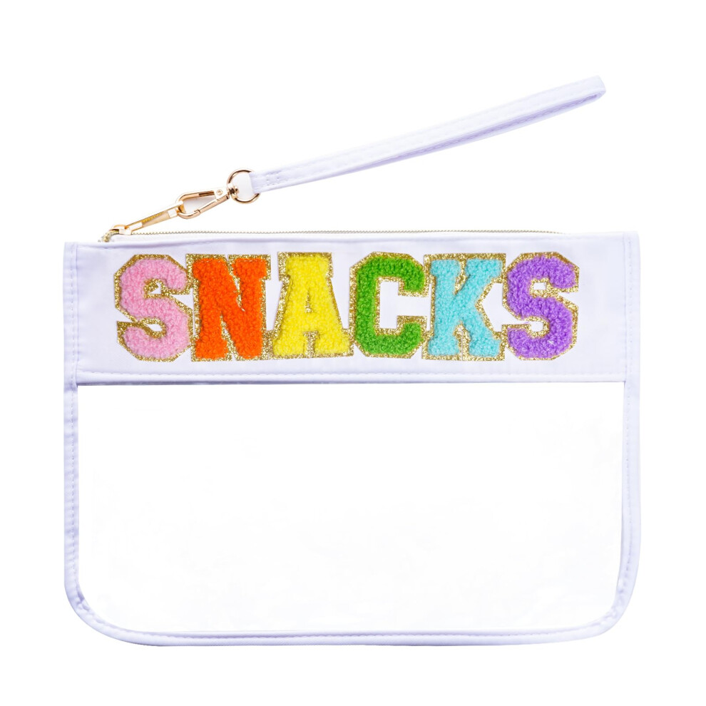 Chenille Letter Bag, Multi-purpose Nylon Clear Makeup Cosmetic Bags Flat Pouches with Zipper for Travel, Gym, Beach (White-Snacks)