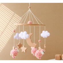 Wooden music mobile for babies, hanging rattle for the crib, baby shower gift for girls and boys, sheep (pink)