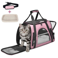 Breathable, foldable cat basket with removable mat and shoulder strap – pink, ideal for travel