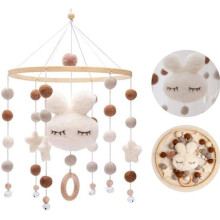 Wooden baby mobile with felt balls, hanging bed bell, bunny, crocheted felt mobile, wind chime, new
