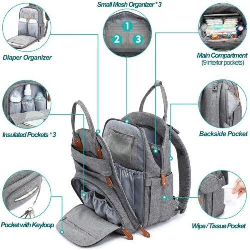 BabbleRoo Diaper Bag Backpack - Large Capacity - Waterproof - Gray - 0 Months - Birth 1