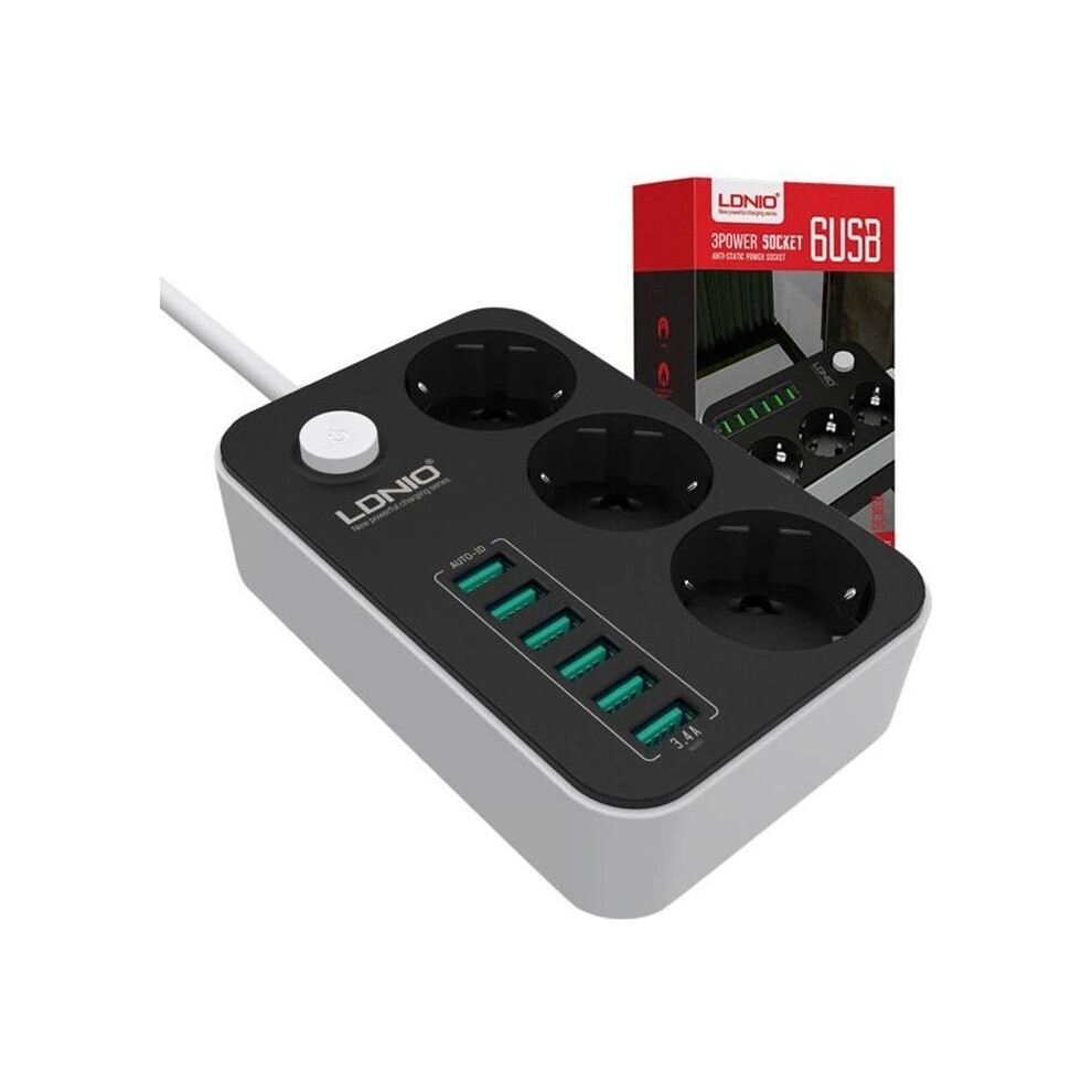 USB power strip, 3-way surge protection + 6 USB ports, surge protection / surge protection, 1.6 meter cable