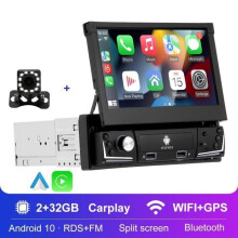 Android 10.0 1 Din 7" Car Radio with Retractable Screen, GPS, 2 GB + 32 GB, Wi-Fi, Bluetooth, Wireless CarPlay and Android Auto, RDS-FM-AUX with