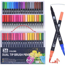 Pack of 36 markers with double tip, fineliner with fine tip and brush tip for bullet journaling, coloring books and lettering