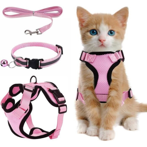 Polyester cat harness, escape-proof cat harness, kitten harness with reflective stripes, adjustable kitten harness, pink,