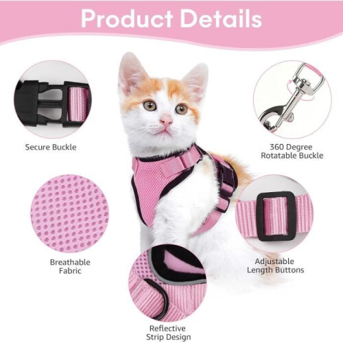 Polyester cat harness, escape-proof cat harness, kitten harness with reflective stripes, adjustable kitten harness, pink, 2