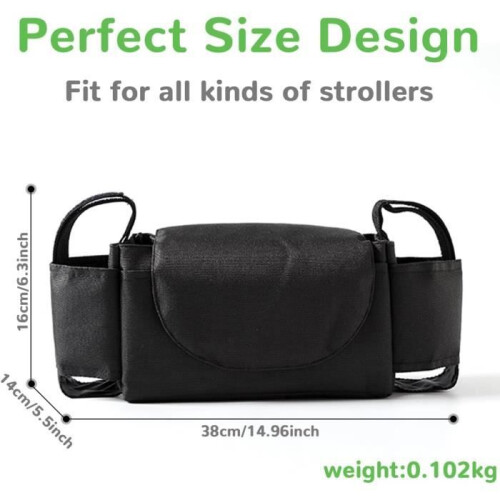 Universal stroller storage bag with insulated cup holders and shoulder strap. 1
